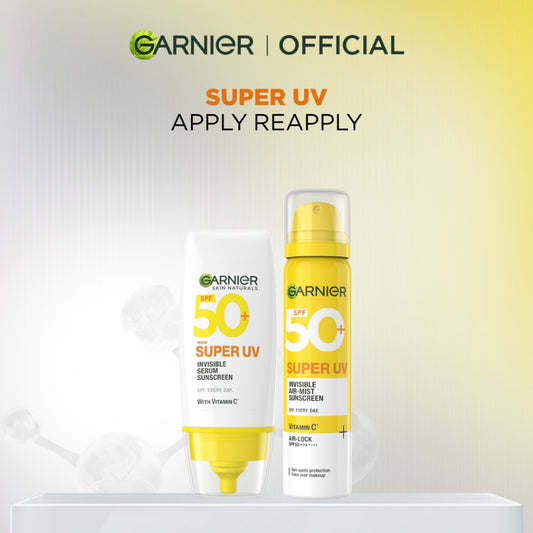 (PAKET HEMAT ISI 2) GARNIER Super UV Invisible Serum Sunscreen SPF 50+ PA++++ Vit C Sunscreen Spray Mist - 30ml + 75ml