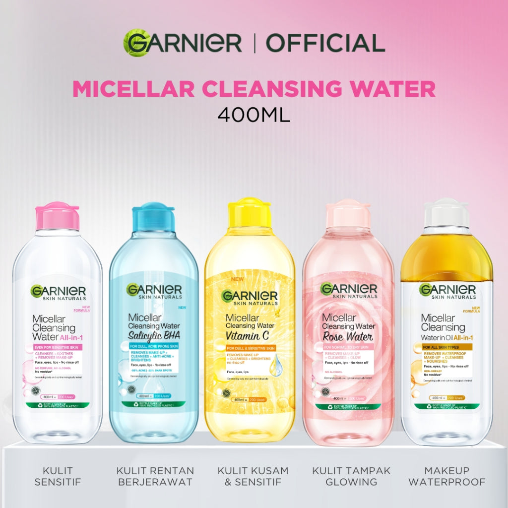 GARNIER Micellar Water ALL VARIANT 400ml Skincare Cleansing - Pembersih Wajah & Make up Membersih dalam sekali swipe Suitable for All Skin Brightening Clear Skin Micellar Cleansing Water