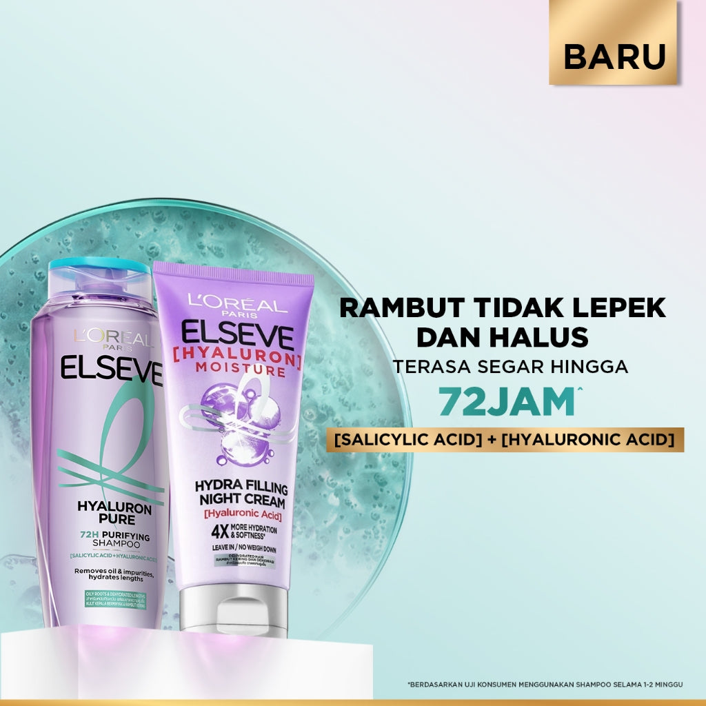 [PAKET HEMAT 2PCS] New L'Oreal Paris Hyaluron Pure 72H Purifying Shampoo Conditioner Night Cream - Perawatan Rambut Bebas Lepek dan Rambut Halus tahan hingga 72jam - Shampoo 280ml Conditioner 265ml Hyaluronic Acid Night Cream - Kulit Kepala Berminyak