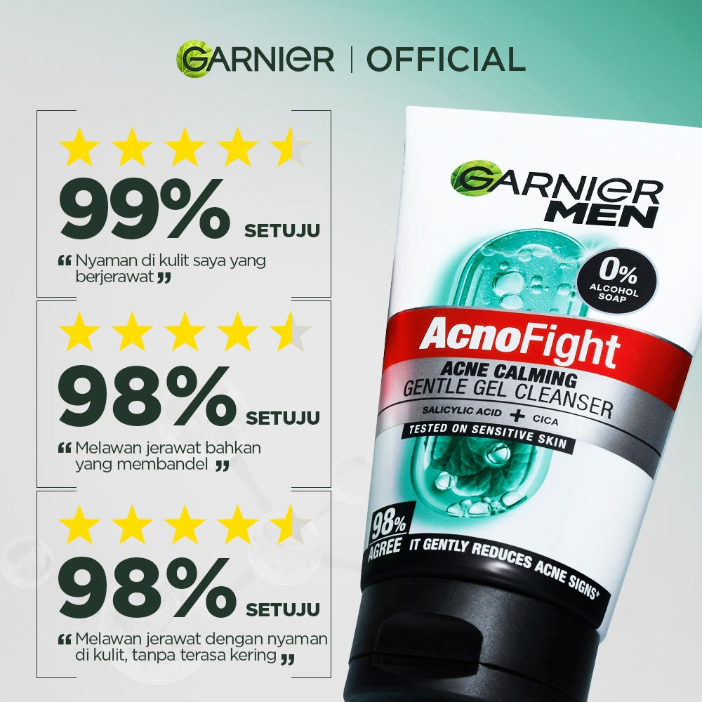 BARU Garnier Men Facial Wash Acno Fight Acne Calming Gentle Low PH Gel Cleanser 100ml Sabun Cuci Muka Pria Moisturizer Sunscreen Face Wash Facial Wash