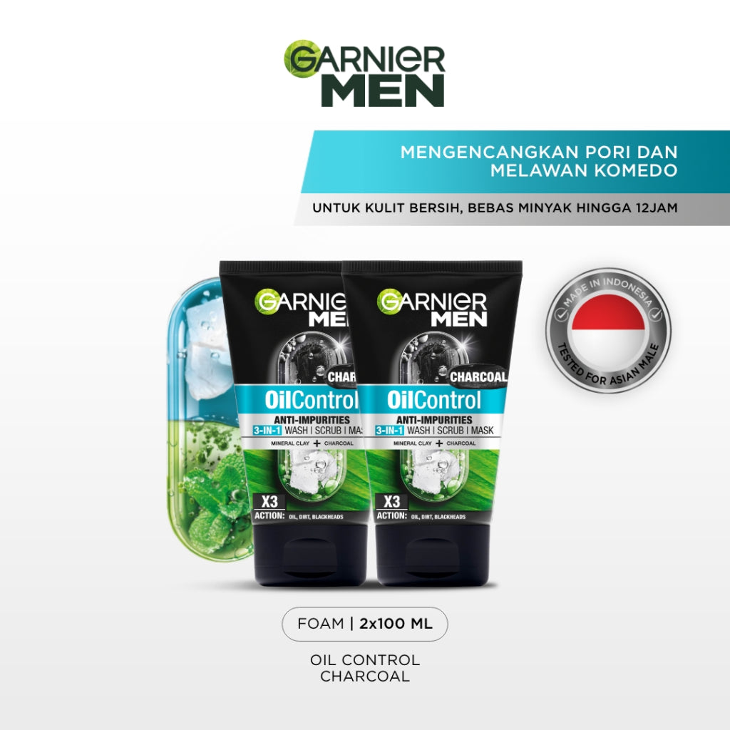 GARNIER Men Facial Wash 100ml ALL VARIANT ISI 2 sabun cuci muka pria - face wash Skincare pembersih wajah acno fight turbo bright wasabi charcoal oil control lawan jerawat kulit kusam