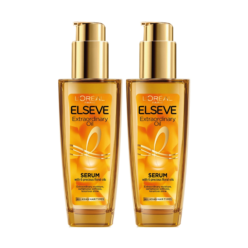 [PAKET HEMAT ISI 2] L'Oreal Paris Elseve Extraordinary Oil Gold Hair Treatment Serum 100mlx2Pcs - Rambut Halus Berkilau dalam Satu Pemakaian - dari Bunga Istimewa Omega 3 - Perawatan Rambut Vitamin Rambut Twinpack 100ml Rambut Kering Kusam Treatment