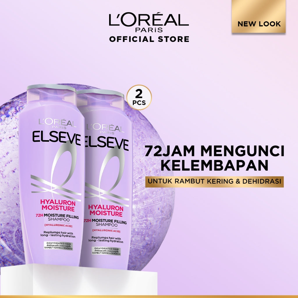 (PAKET HEMAT ISI 2) L’Oreal Paris ELSEVE Hyaluron Moisture Shampoo - 280 ml (Hyaluronic Acid 72 Jam Mengunci Hidrasi Rambut)