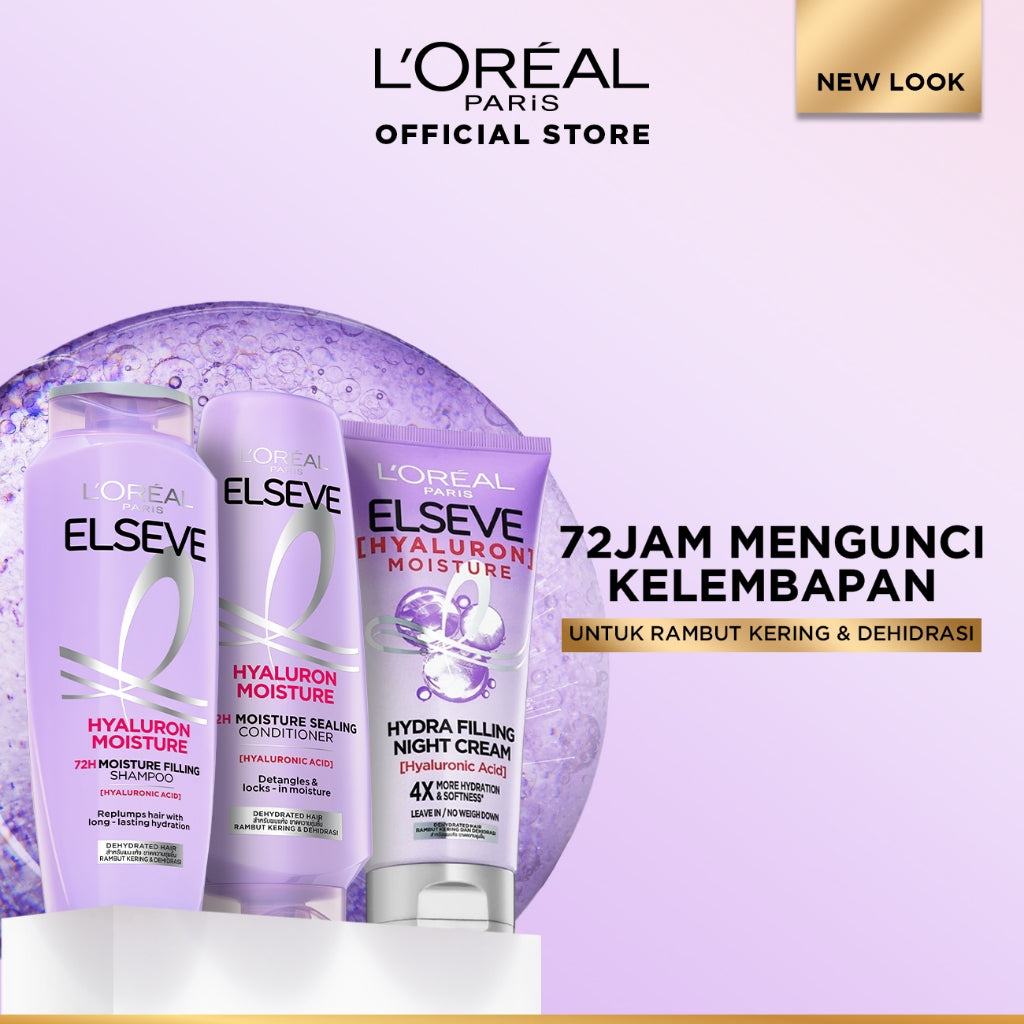 [PAKET LENGKAP] L’Oréal Paris ELSEVE Hyaluron Moisture Shampoo 280ml + Hyaluronic Conditioner 280ml + Hyaluronic Night Cream 150ml - Mengandung Hyaluronic Acid 72 Jam Mengunci Hidrasi Rambut - 4X Lebih Lembut, Rambut Terurai Indah dan Tidak Lepek 440ml