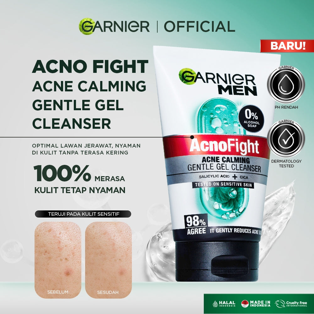 BARU Garnier Men Facial Wash Acno Fight Acne Calming Gentle Low PH Gel Cleanser 100ml Sabun Cuci Muka Pria Moisturizer Sunscreen Face Wash Facial Wash
