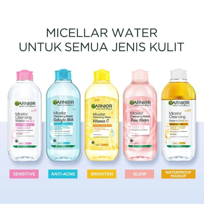 GARNIER Micellar Water ALL VARIANT 400ml Skincare Cleansing - Pembersih Wajah & Make up Membersih dalam sekali swipe Suitable for All Skin Brightening Clear Skin Micellar Cleansing Water