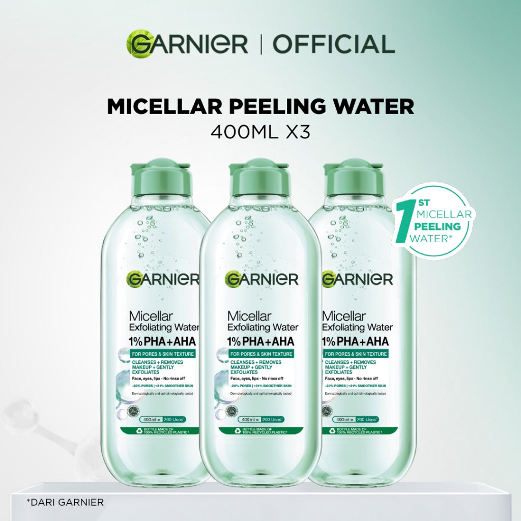 BARU Garnier Micellar Water Peeling Exfoliating 1% AHA + PHA - 400ml Skincare Pembersih Wajah & Make up untuk mengangkat sel kulit mati