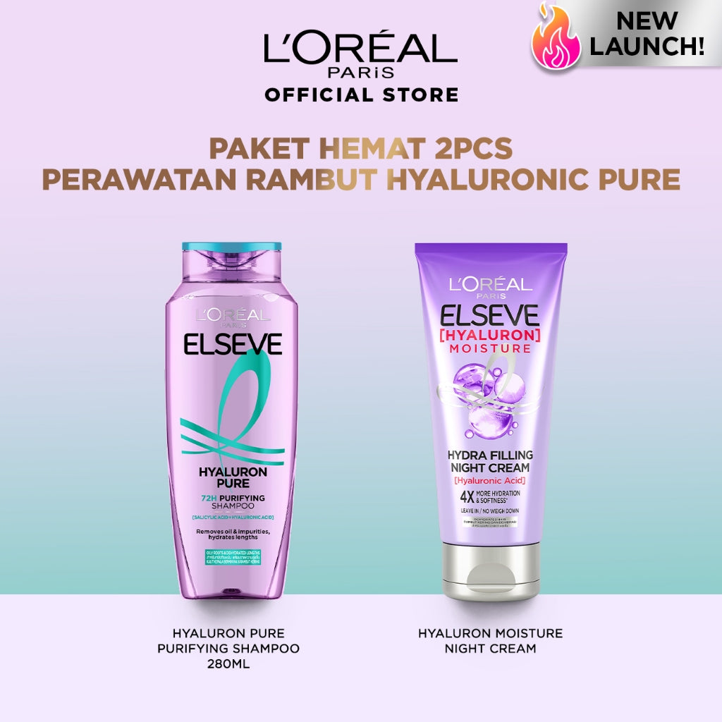 [PAKET HEMAT 2PCS] New L'Oreal Paris Hyaluron Pure 72H Purifying Shampoo Conditioner Night Cream - Perawatan Rambut Bebas Lepek dan Rambut Halus tahan hingga 72jam - Shampoo 280ml Conditioner 265ml Hyaluronic Acid Night Cream - Kulit Kepala Berminyak