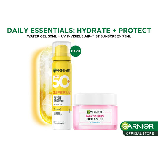 (PAKET HEMAT ISI 2) GARNIER Super UV Invisible Air-Mist Sunscreen Spray SPF 50+ PA++++ Sakura Glow Water Gel Skin Barrier Repair Protection Moisturizer Bundle  - 75 ml + 50 ml