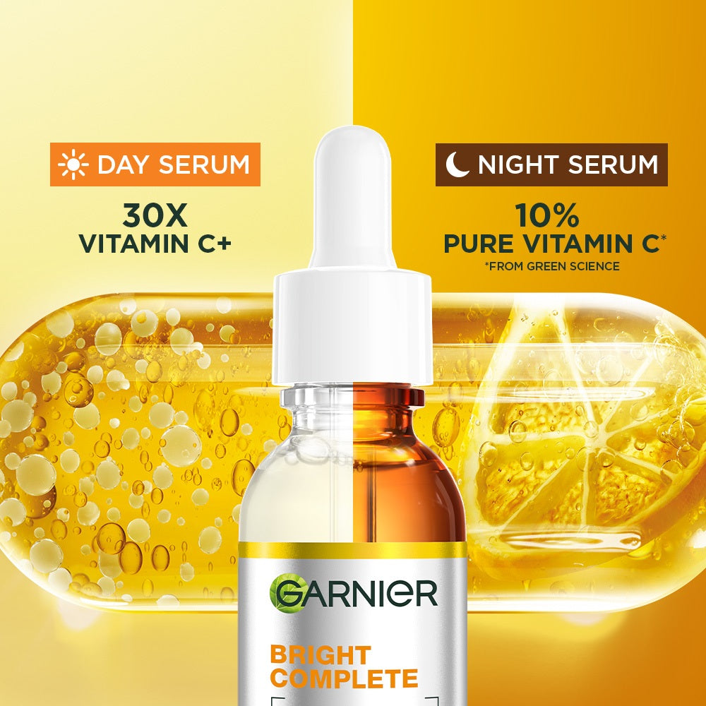 GARNIER Paket Skincare Isi 2 Vitamin C Day Serum & Night Serum 30 ml Tone Up Serum Mencerahkan Wajah | Paket Serum Pagi & Malam