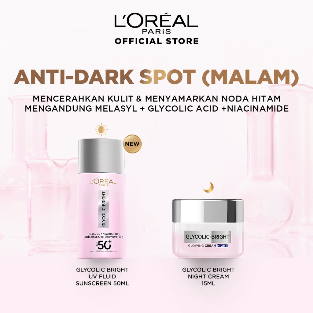 [BIG SIZE] L'oreal Paris 2 Pcs Glycolic Bright Anti-Dark Spot Daily UV Fluid SPF 50+ 50ml  Sunscreen Paket Skincare Set | Sunscreen Serum Brightening Dark Spot Acne Glowing Anti Aging Barrier