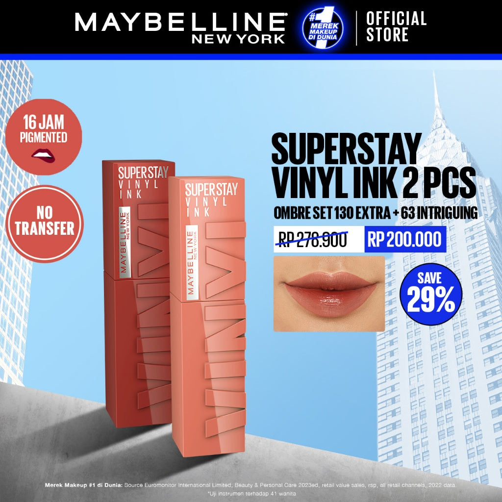 MAYBELLINE OFFICIAL Paket Hemat Superstay Vinyl Ink 2 pcs Ombre Set 130 Extra + 63 Intriguing Lipstick Long Lasting