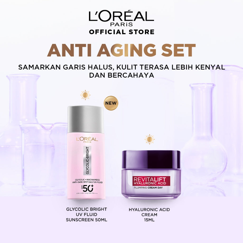 [BIG SIZE] L'oreal Paris 2 Pcs Glycolic Bright Anti-Dark Spot Daily UV Fluid SPF 50+ 50ml  Sunscreen Paket Skincare Set | Sunscreen Serum Brightening Dark Spot Acne Glowing Anti Aging Barrier