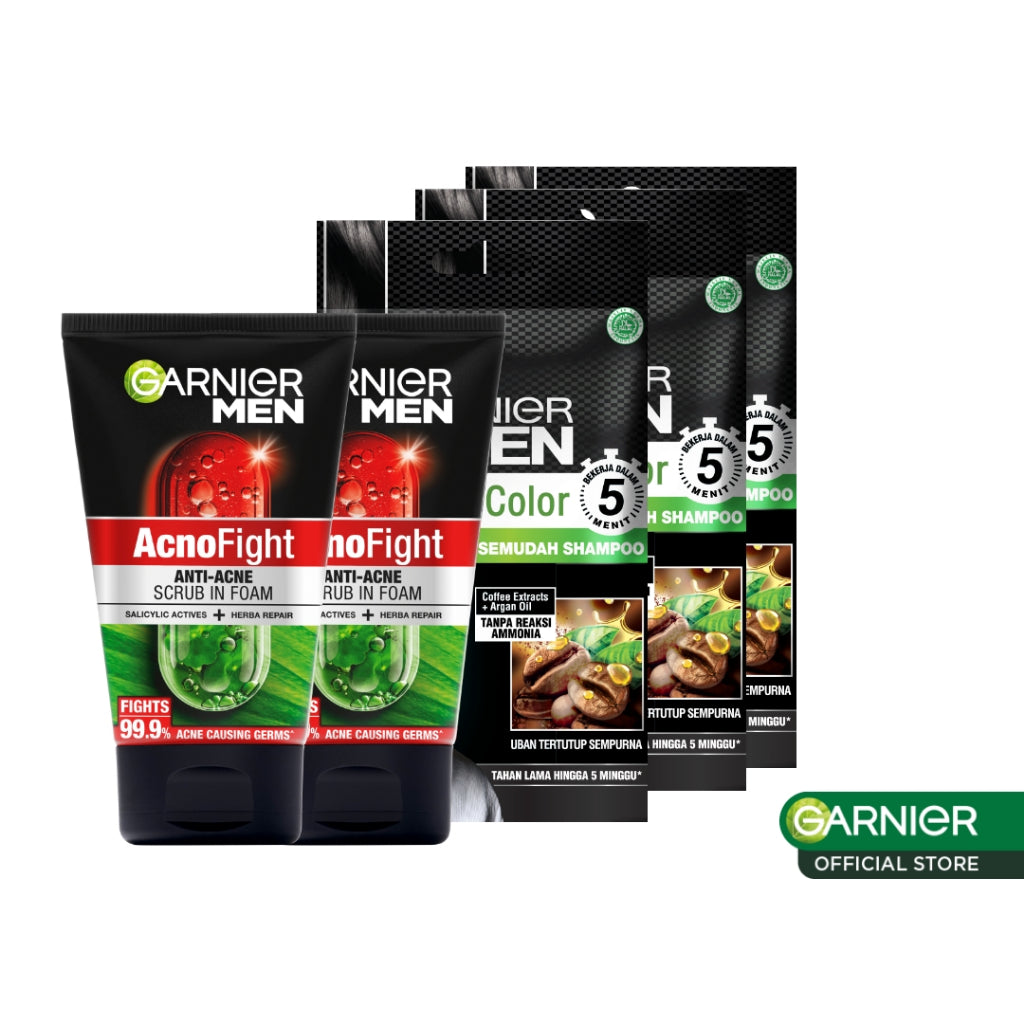 Garnier Men Acno Fight Anti-Acne Scrub In Foam 100ml x2 + Shampoo Color