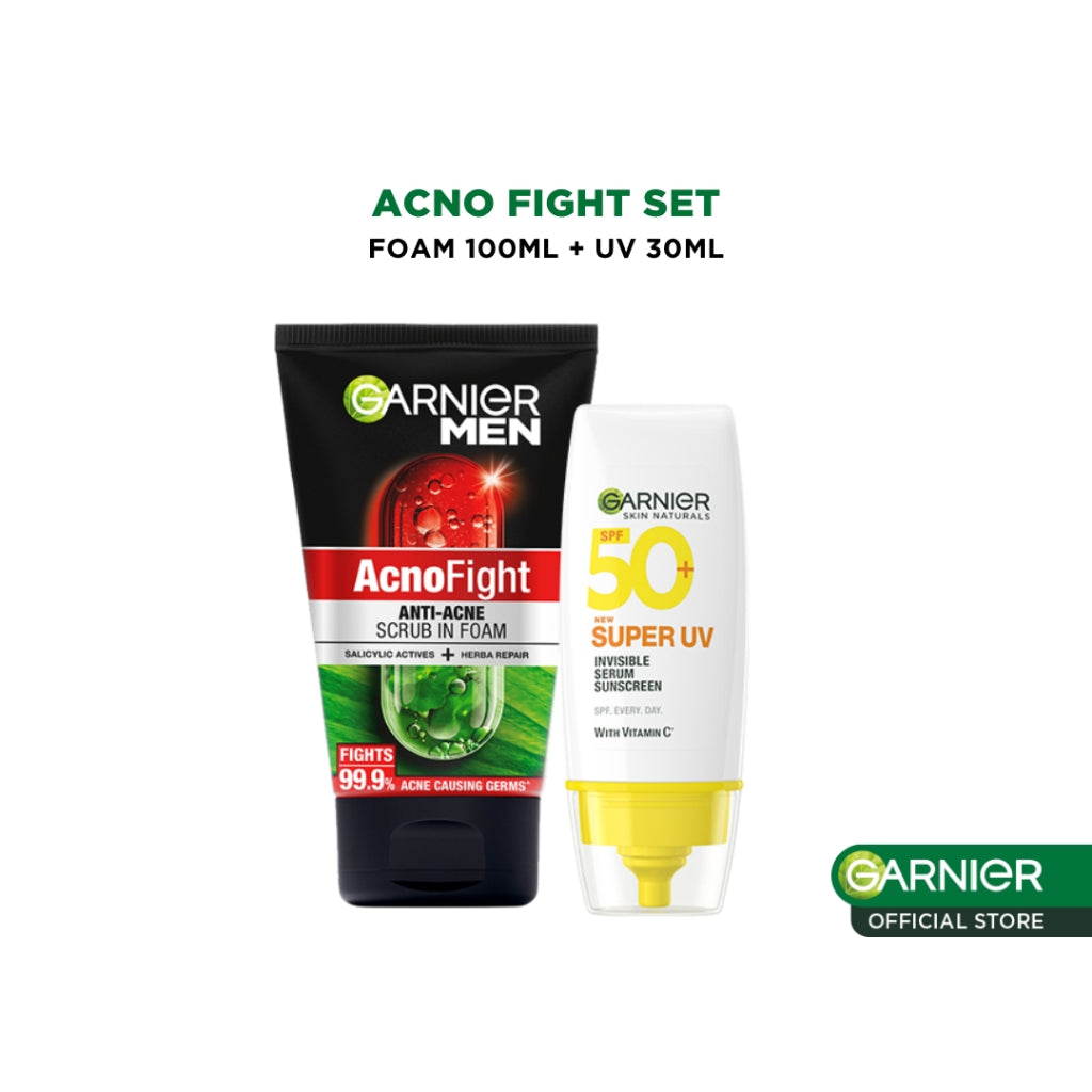 (PAKET HEMAT) Anti-Acne Face Wash & Sunscreen Vitamin C - Garnier Men Acno Fight Anti-Acne Scrub In Foam Skin Care 100ml & Super UV Invisible Serum Sunscreen SPF 50+ PA++++