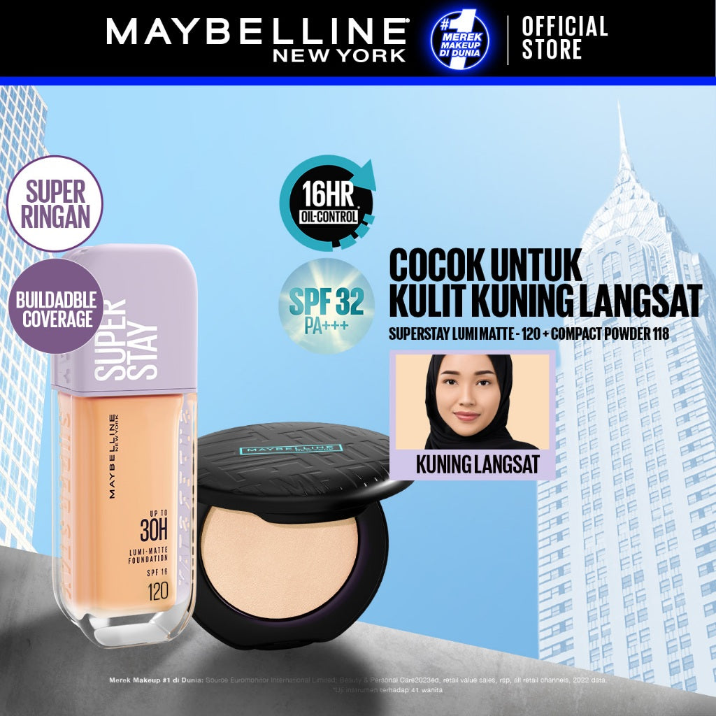 Maybelline Paket Makeup Face Kulit Kuning Langsat - Superstay Lumi Foundation 120 + Fit Me Compact Powder 118