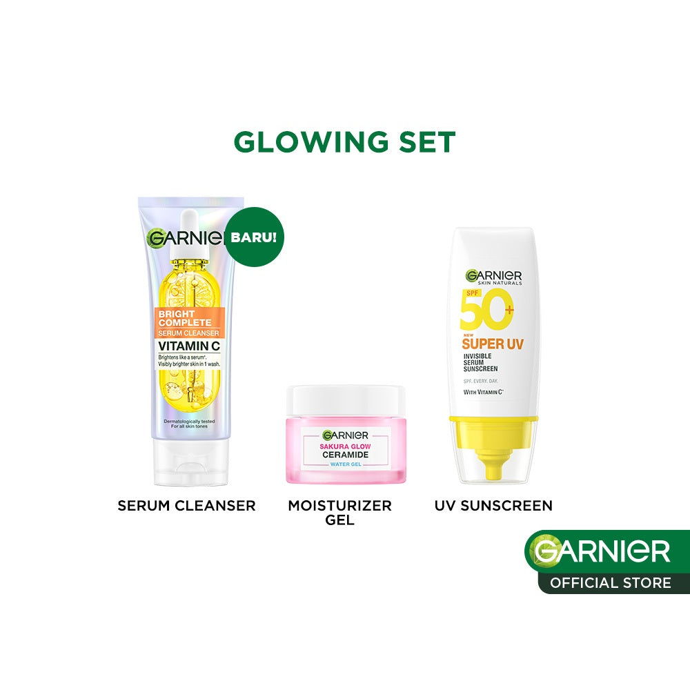 GARNIER 3pcs Paket Skincare Set | Micellar Water Serum Wash Cleanser Moisturizer Gel Super UV Sunscreen SPF