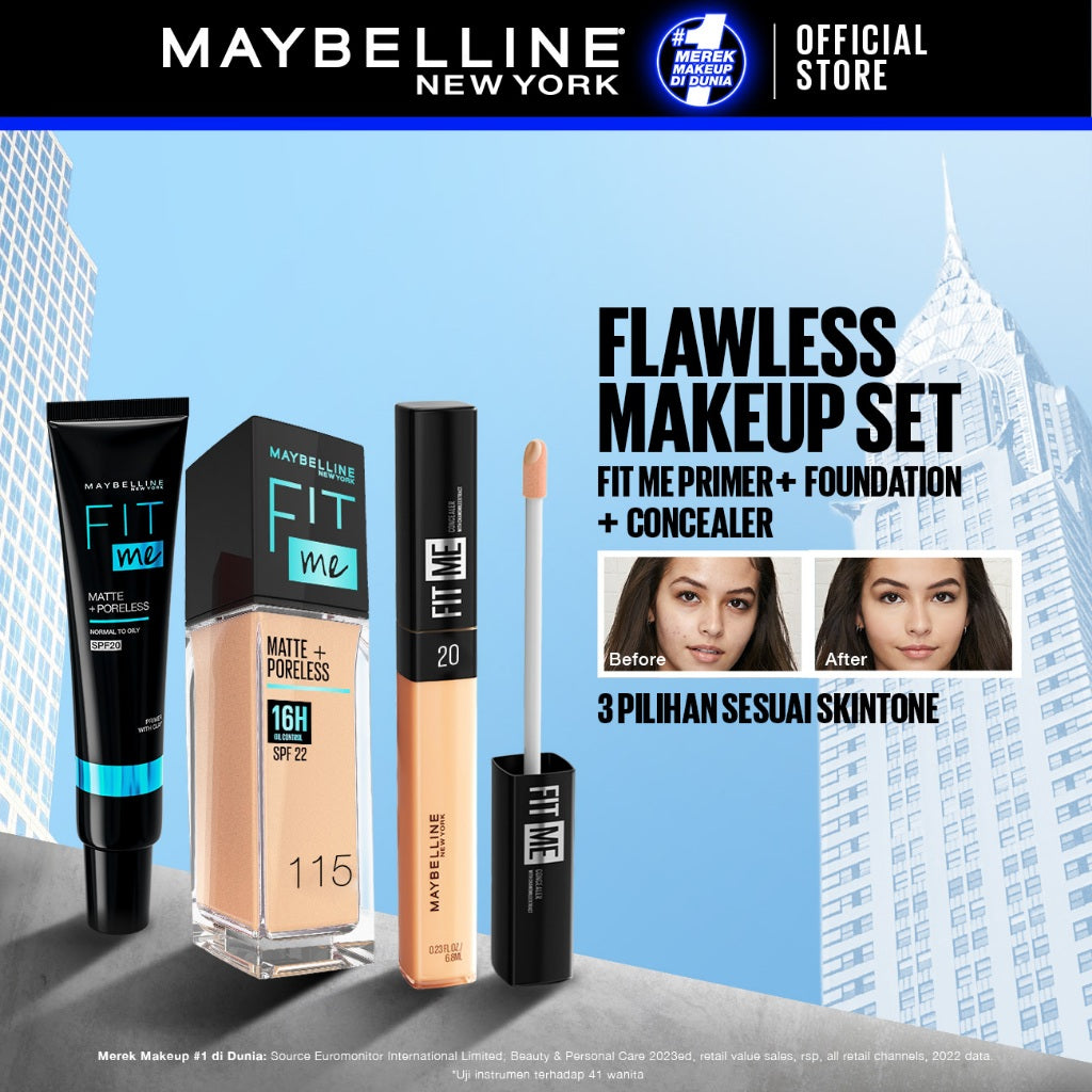 MAYBELLINE OFFICIAL Paket Hemat Face Makeup Fit Me Primer + Liquid Foundation + Concealer