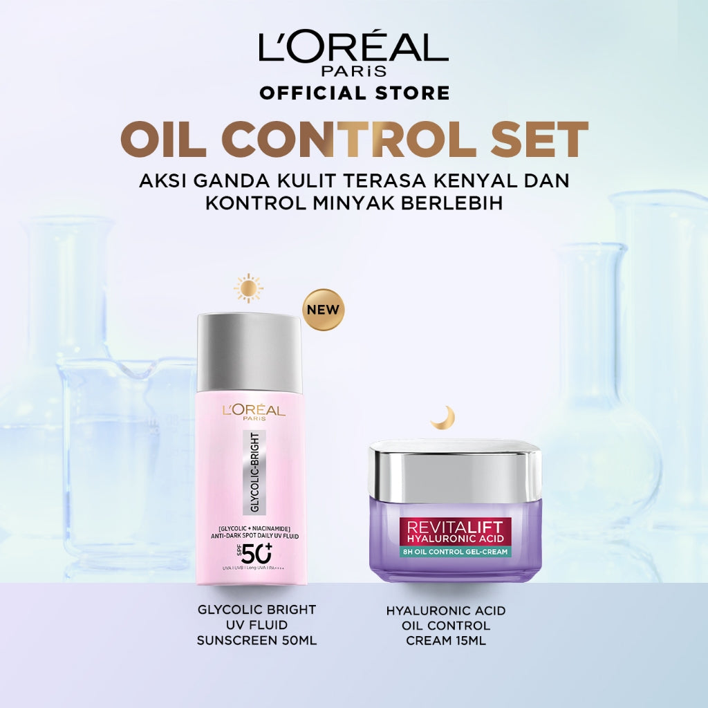 [BIG SIZE] L'oreal Paris 2 Pcs Glycolic Bright Anti-Dark Spot Daily UV Fluid SPF 50+ 50ml  Sunscreen Paket Skincare Set | Sunscreen Serum Brightening Dark Spot Acne Glowing Anti Aging Barrier