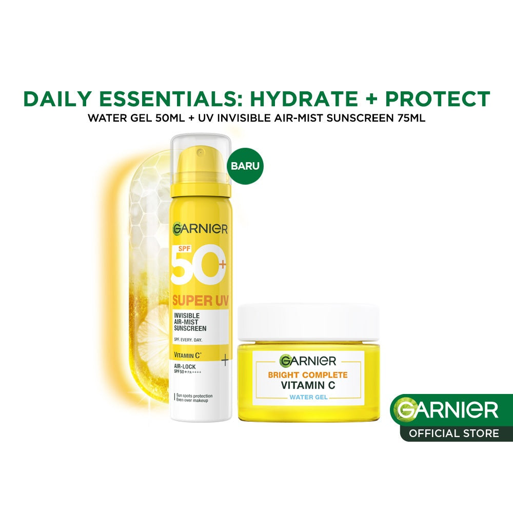 (PAKET HEMAT ISI 2) GARNIER Super UV Invisible Air-Mist Sunscreen Spray SPF 50+ PA++++ Bright Complete Water Gel Vitamin C Brightening Protection Moisturizer Bundle - 75 ml + 50 ml