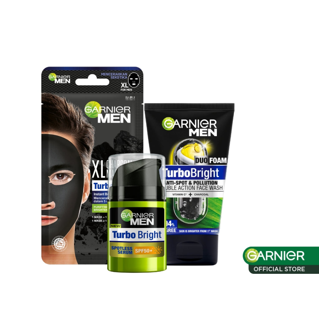 Garnier Men Brightening Kit! Turbo Bright Super Duo Foam 100ml + Spot-proof Serum SPF50+ 40ml + XL Charcoal Tissue Mask