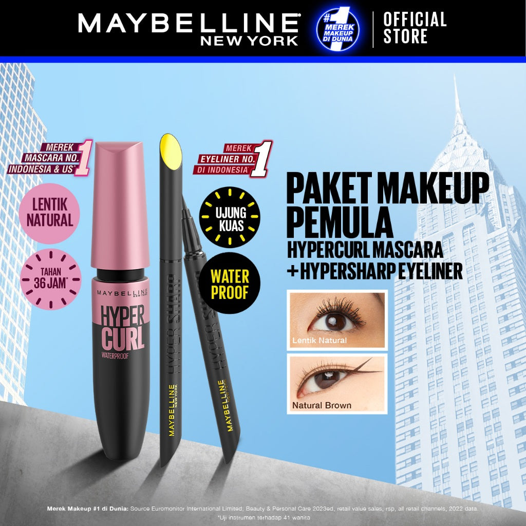 Maybelline Paket Makeup EYE Hypercurl Mascara + Hypersharp Eyeliner - Waterproof Maskara Eye Makeup Black Smudgeproof Panjang Tebal