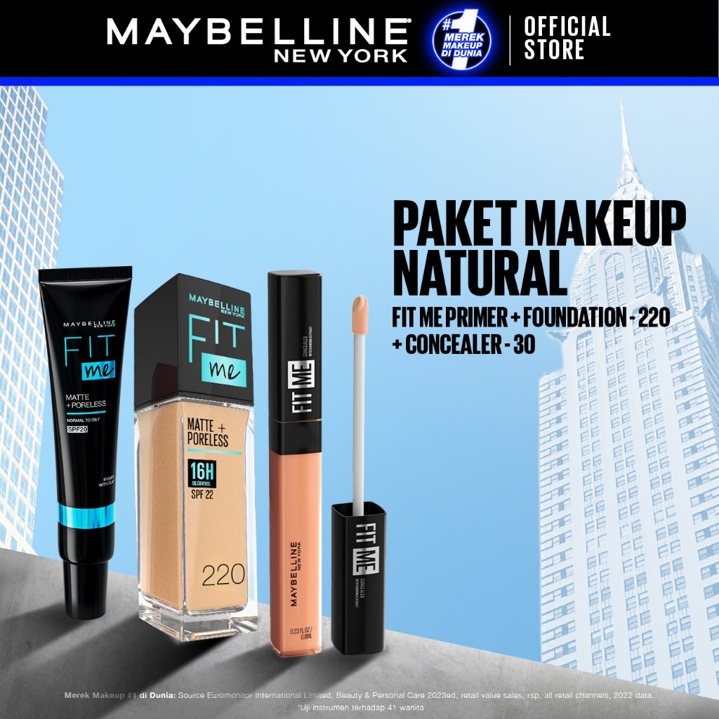 MAYBELLINE OFFICIAL Paket Hemat Face Makeup Fit Me Primer + Liquid Foundation 220 + Concealer 30 | Kulit Sawo Matang