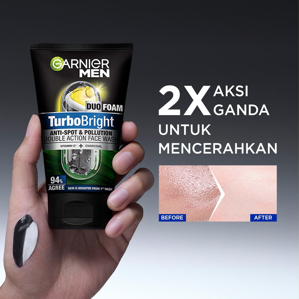[PAKET HEMAT ISI 2] GARNIER Men Facial Wash Turbo Bright Super Duo Foam Skincare 100ml Sabun Cuci Muka Pria Face Wash Pembersih Wajah Sabun Muka Glowing dan Memutihkan