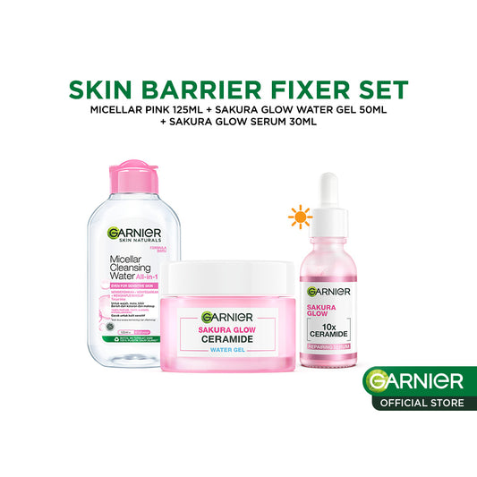 Paket Skincare Garnier Sakura Glow Skin Barrier Set (Micellar Pink 125ml, Serum 30ml, Gel Moisturizer 50ml) - Untuk memperbaiki skin barrier dan kulit glowing
