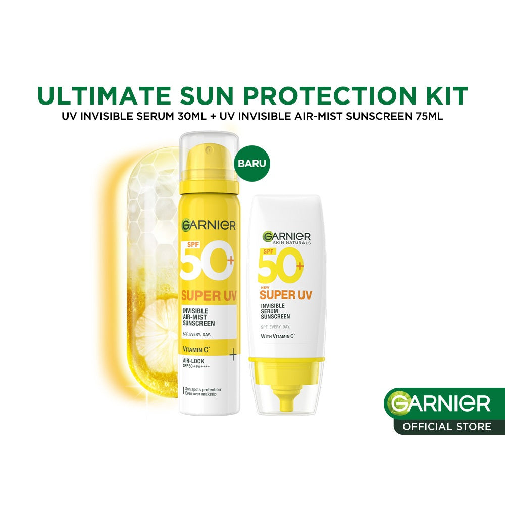 (PAKET HEMAT ISI 2) GARNIER Super UV Invisible Serum Sunscreen SPF 50+ PA++++ Vit C Sunscreen Spray Mist - 30ml + 75ml