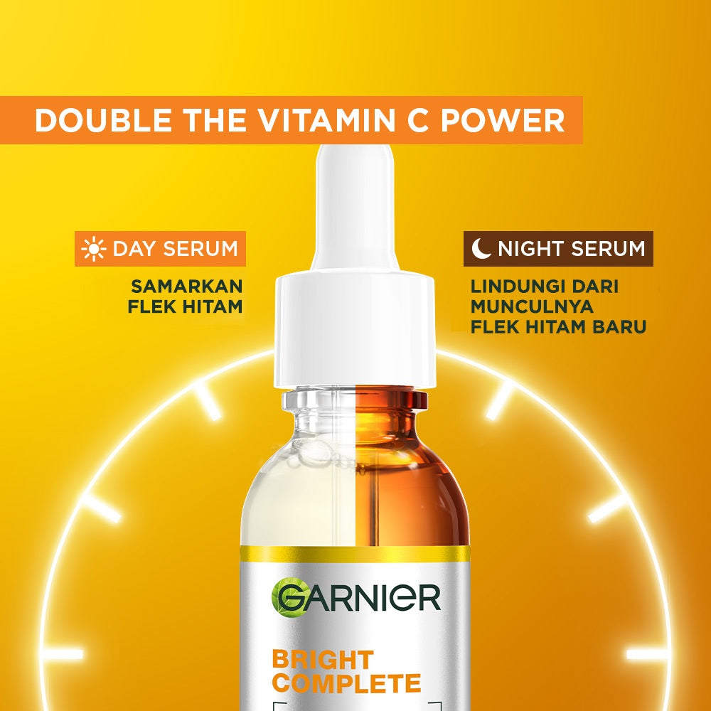 GARNIER Paket Skincare Isi 2 Vitamin C Day Serum & Night Serum 30 ml Tone Up Serum Mencerahkan Wajah | Paket Serum Pagi & Malam