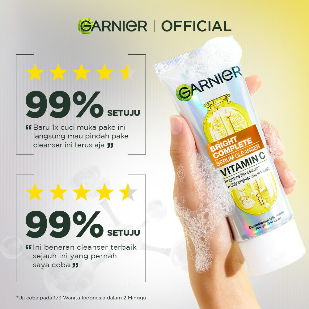 GARNIER Facial Wash Bright Complete Vitamin C Serum Cleanser 100ml Paket Skincare Pembersih Wajah Mencerahkan Seperti Serum Wash Sabun Cuci Muka Sabun Muka Glowing dan Memutihkan Moisturizer Sunscreen