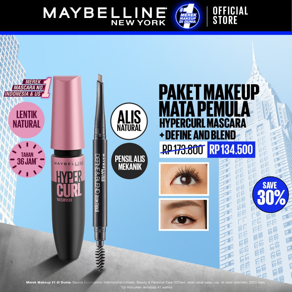 Maybelline Paket Makeup Mata Hypercurl Waterproof Mascara + Define and Blend Eyebrow Pencil | Eye Make up Bulu Mata Panjang Tebal Tahan 24 Jam