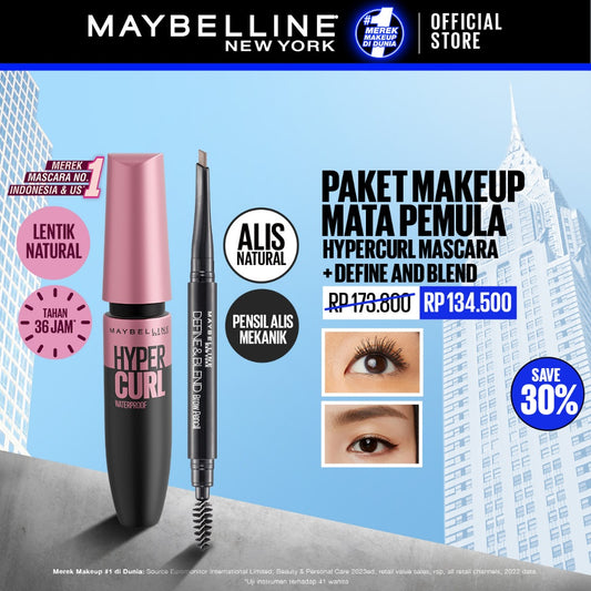 Maybelline Paket Makeup Mata Hypercurl Waterproof Mascara + Define and Blend Eyebrow Pencil | Eye Make up Bulu Mata Panjang Tebal Tahan 24 Jam