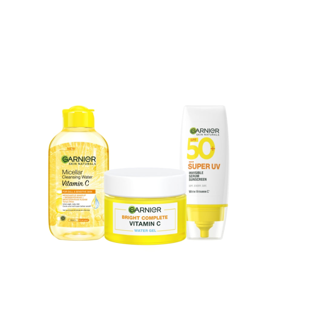Paket Skincare Garnier Bright Complete Dark Spot & Protection Set (Micellar Vitamin C 125ml, Gel Moisturizer 50ml, UV Invisibile Serum Sunscreen 30ml) - Untuk mencerahkan kulit kusam, mengurangi flek hitam dan melindungi kulit dari munculnya sunspots