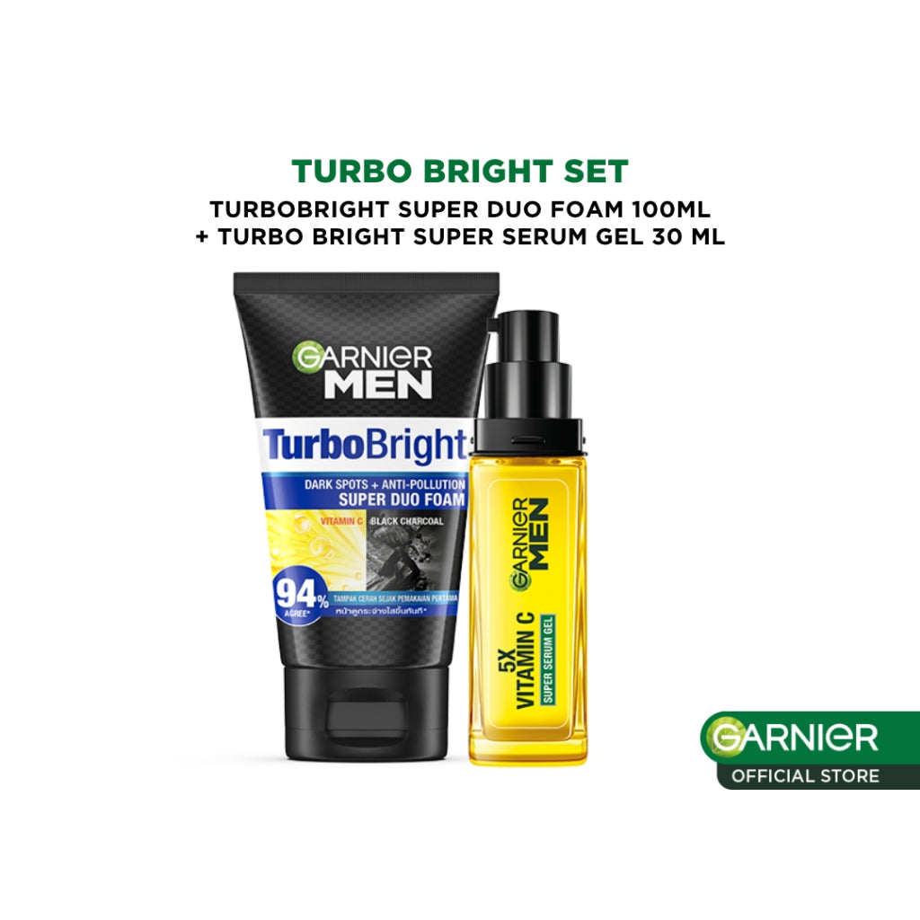 GARNIER Men Paket Skincare Mencerahkan Turbo Bright 5x Vitamin C Super Serum Gel 30ml + Super Duo Face Wash 100 ml - Mencerahkan Wajah Anti Kusam 5x Lebih Cepat