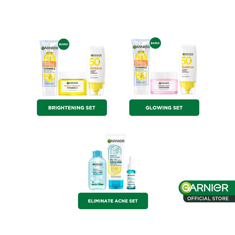 GARNIER 3pcs Paket Skincare Set | Micellar Water Serum Wash Cleanser Moisturizer Gel Super UV Sunscreen SPF