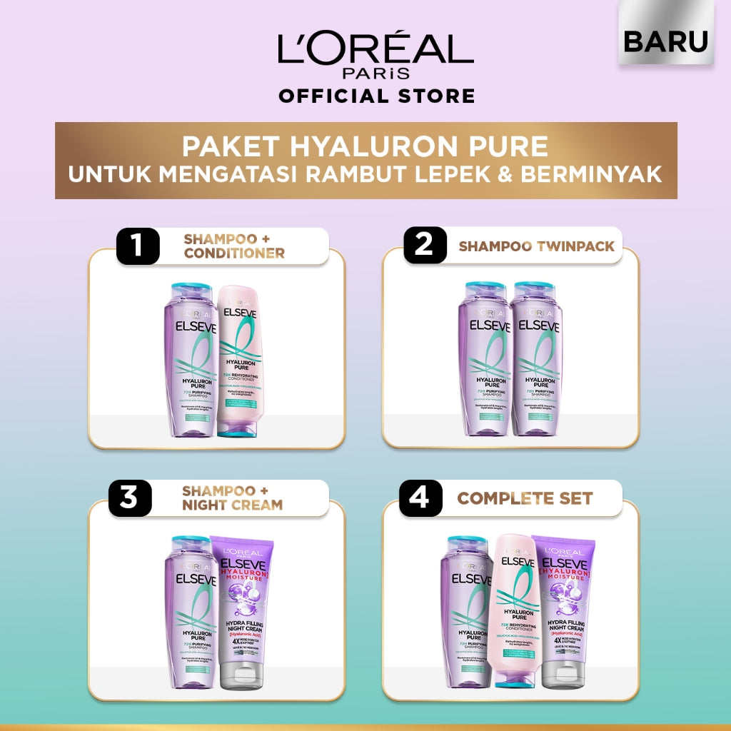 [PAKET HEMAT 2PCS] New L'Oreal Paris Hyaluron Pure 72H Purifying Shampoo Conditioner Night Cream - Perawatan Rambut Bebas Lepek dan Rambut Halus tahan hingga 72jam - Shampoo 280ml Conditioner 265ml Hyaluronic Acid Night Cream - Kulit Kepala Berminyak