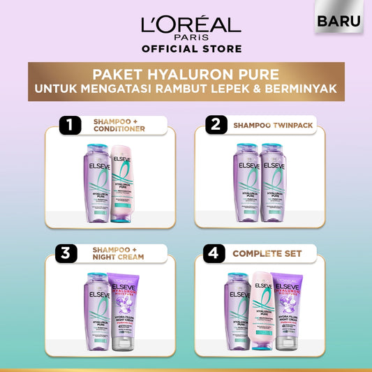 [PAKET HEMAT 2PCS] New L'Oreal Paris Hyaluron Pure 72H Purifying Shampoo Conditioner Night Cream - Perawatan Rambut Bebas Lepek dan Rambut Halus tahan hingga 72jam - Shampoo 280ml Conditioner 265ml Hyaluronic Acid Night Cream - Kulit Kepala Berminyak