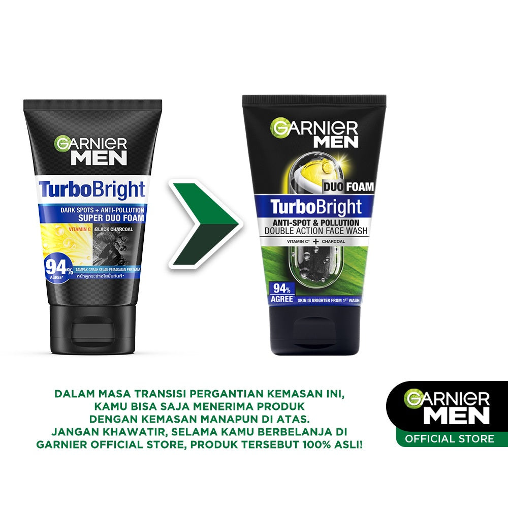 GARNIER Men Paket Skincare Mencerahkan Turbo Bright 5x Vitamin C Super Serum Gel 30ml + Super Duo Face Wash 100 ml - Mencerahkan Wajah Anti Kusam 5x Lebih Cepat