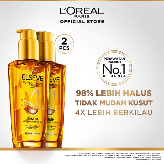 [PAKET HEMAT ISI 2] L'Oreal Paris Elseve Extraordinary Oil Gold Hair Treatment Serum 100mlx2Pcs - Rambut Halus Berkilau dalam Satu Pemakaian - dari Bunga Istimewa Omega 3 - Perawatan Rambut Vitamin Rambut Twinpack 100ml Rambut Kering Kusam Treatment