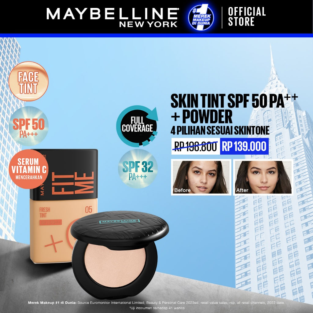 MAYBELLINE OFFICIAL Skin Tint Makeup Kit - FIT ME Fresh Tint 02 + Powder 112 | Skin Tint Foundation SPF 50 PA+++ Vitamin C Serum Face Makeup Natural