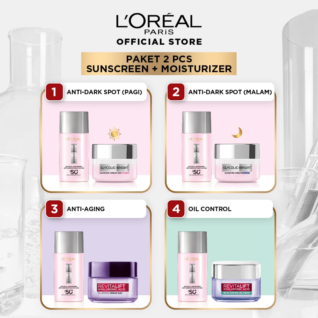 [BIG SIZE] L'oreal Paris 2 Pcs Glycolic Bright Anti-Dark Spot Daily UV Fluid SPF 50+ 50ml  Sunscreen Paket Skincare Set | Sunscreen Serum Brightening Dark Spot Acne Glowing Anti Aging Barrier