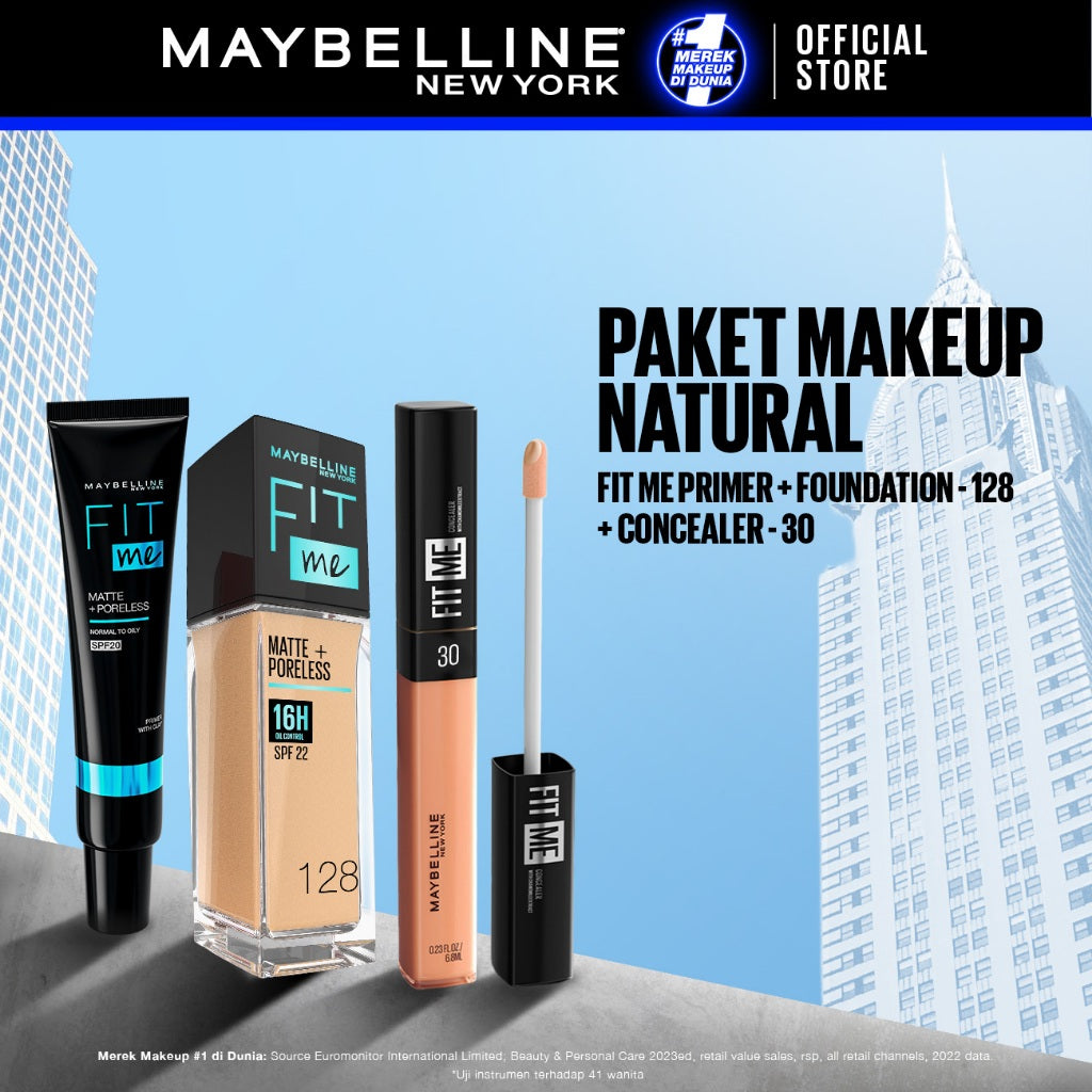 MAYBELLINE OFFICIAL Paket Hemat Face Makeup Fit Me Primer + Liquid Foundation 128 + Concealer 30 | Kulit Kuning Langsat