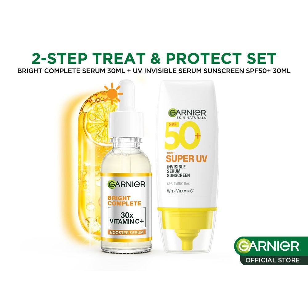Paket Garnier Bright Complete Vitamin C Serum & Sunscreen Kit - Bright Complete Serum 30 ml + Super UV Invisible Serum Sunscreen SPF 50+ PA++++ 30ml