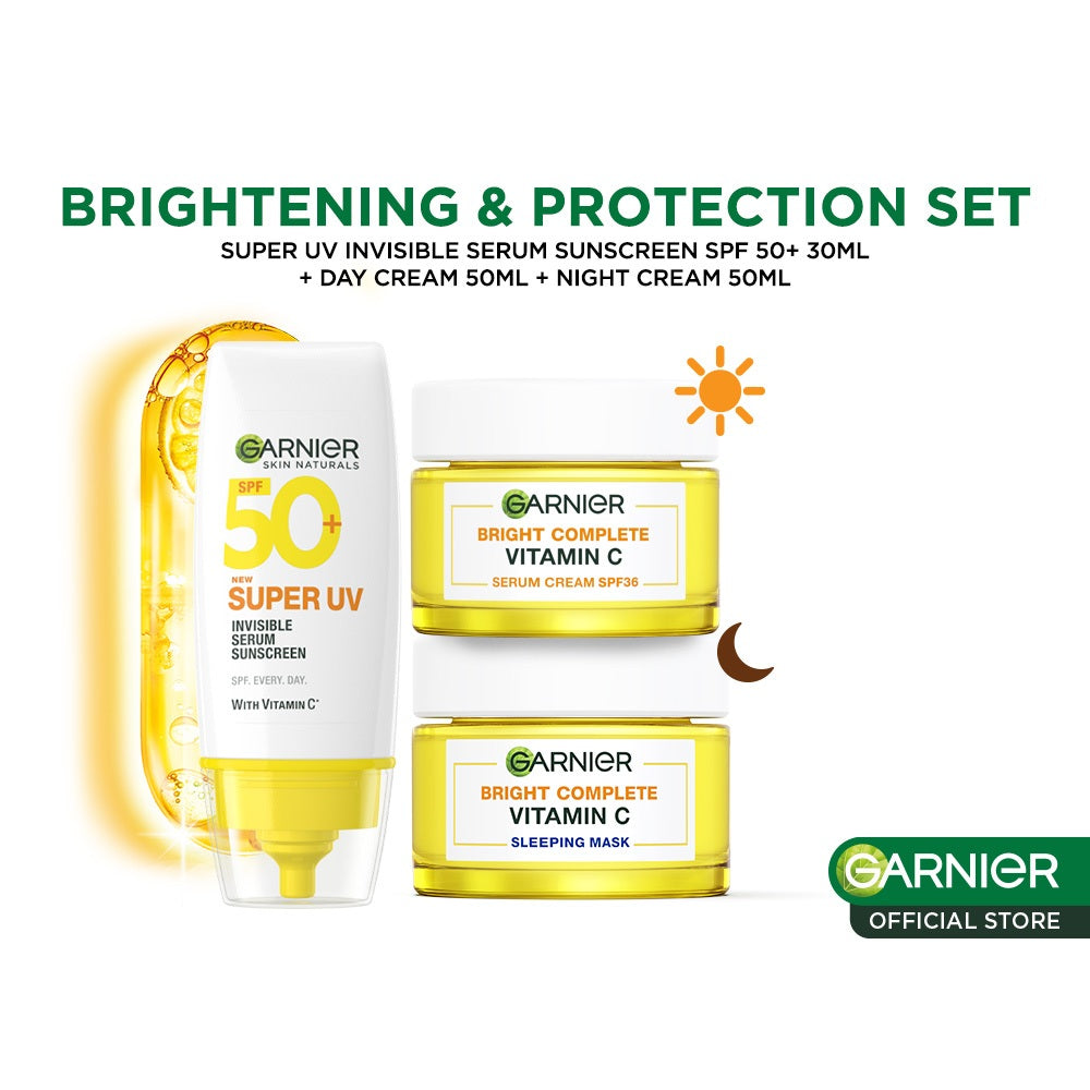[PAKET HEMAT ISI 3] GARNIER Paket Skincare 1 set lengkap Complete Kit Vitamin C Day Cream 50ml + Night Cream 50ml + Sunscreen Serum Mencerahkan Bundle Paket  moisturizer tone up pelembab wajah cream pemutih wajah glowing cepat