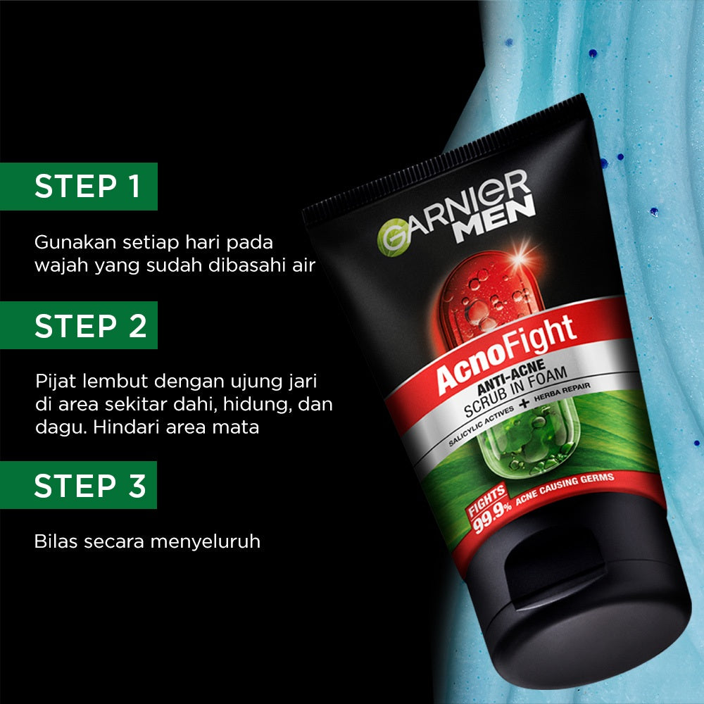 [PAKET HEMAT ISI 2] GARNIER Men Facial Wash Acno Fight Anti-Acne Scrub In Foam Skin Care 100ml Salicylic Actives + Herba Repair Skincare sabun cuci muka pria face wash pembersih wajah