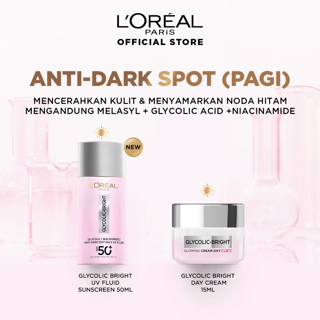 [BIG SIZE] L'oreal Paris 2 Pcs Glycolic Bright Anti-Dark Spot Daily UV Fluid SPF 50+ 50ml  Sunscreen Paket Skincare Set | Sunscreen Serum Brightening Dark Spot Acne Glowing Anti Aging Barrier