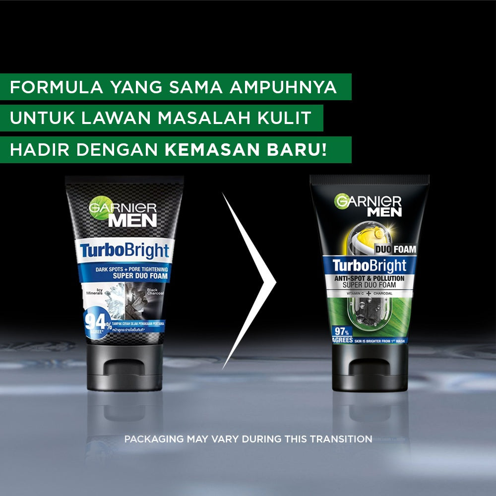 [PAKET HEMAT ISI 2] GARNIER Men Facial Wash Turbo Bright Super Duo Foam Skincare 100ml Sabun Cuci Muka Pria Face Wash Pembersih Wajah Sabun Muka Glowing dan Memutihkan