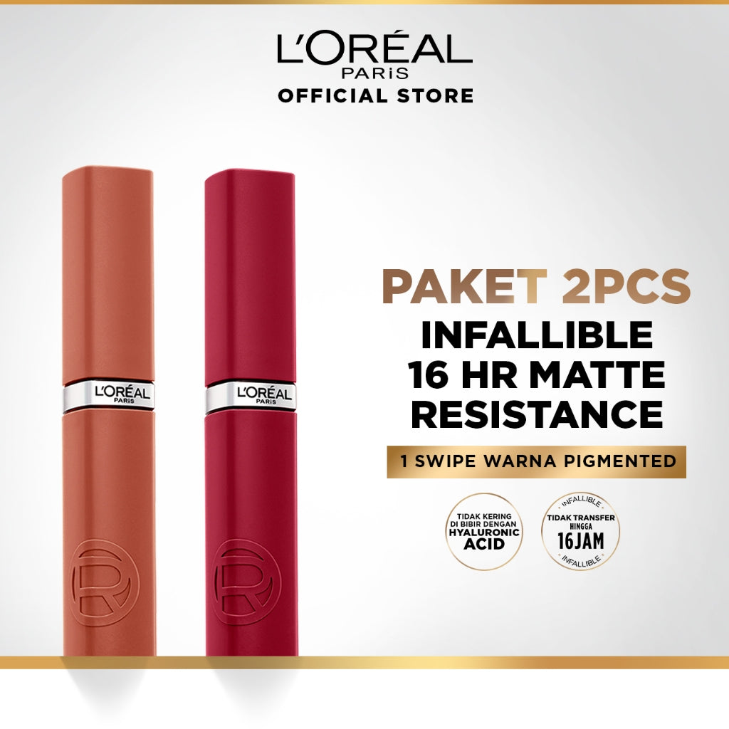 [PAKET HEMAT 2PCS] L’Oréal Paris Twinpack Infallible Matte Resistance Liquid Lipstick for 16H Long Lasting Matte Lips, Transfer Proof, Smudge Proof, Longwear Hydrating Comfort